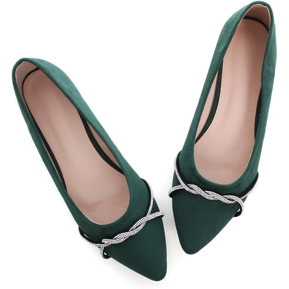 Women's Dark Green Casual Flats Fashion Chain Pointed Toe Ballet Flat Rhinestone - Picture 3 of 7